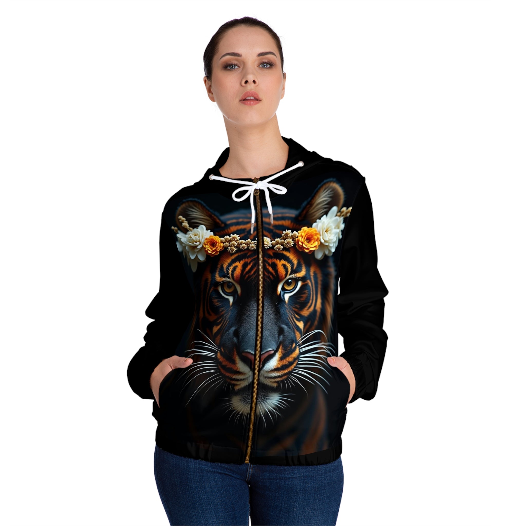 Tiger Floral Crown Hoodie — Women’s Full‑Zip Animal Print Zip-Up