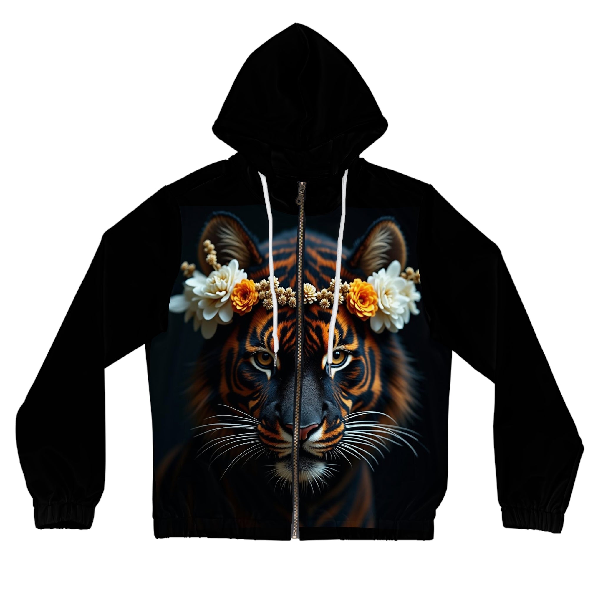 Tiger Floral Crown Hoodie — Women’s Full‑Zip Animal Print Zip-Up