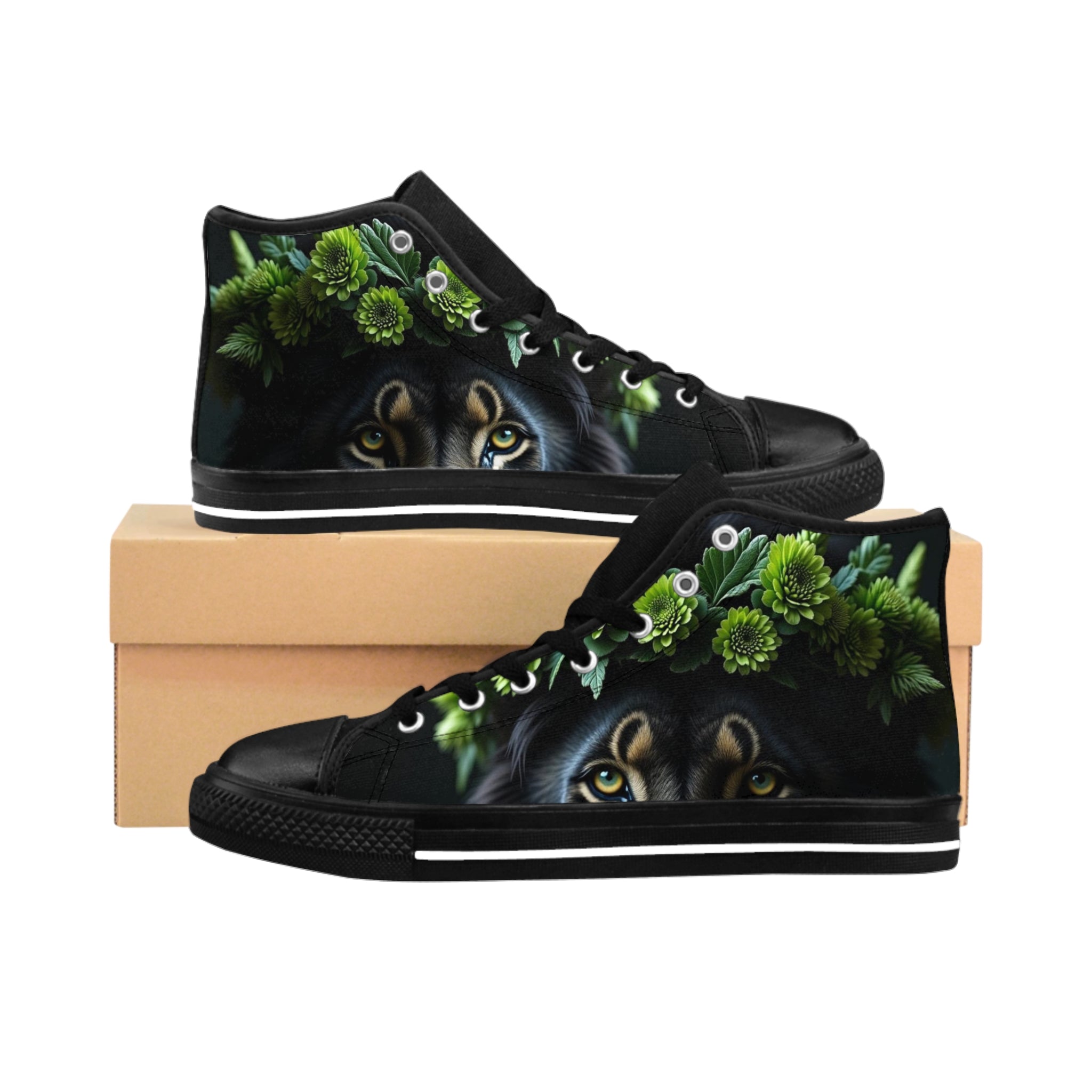 Sneakers - Kingly Black Lion with Green Flower Crown Design