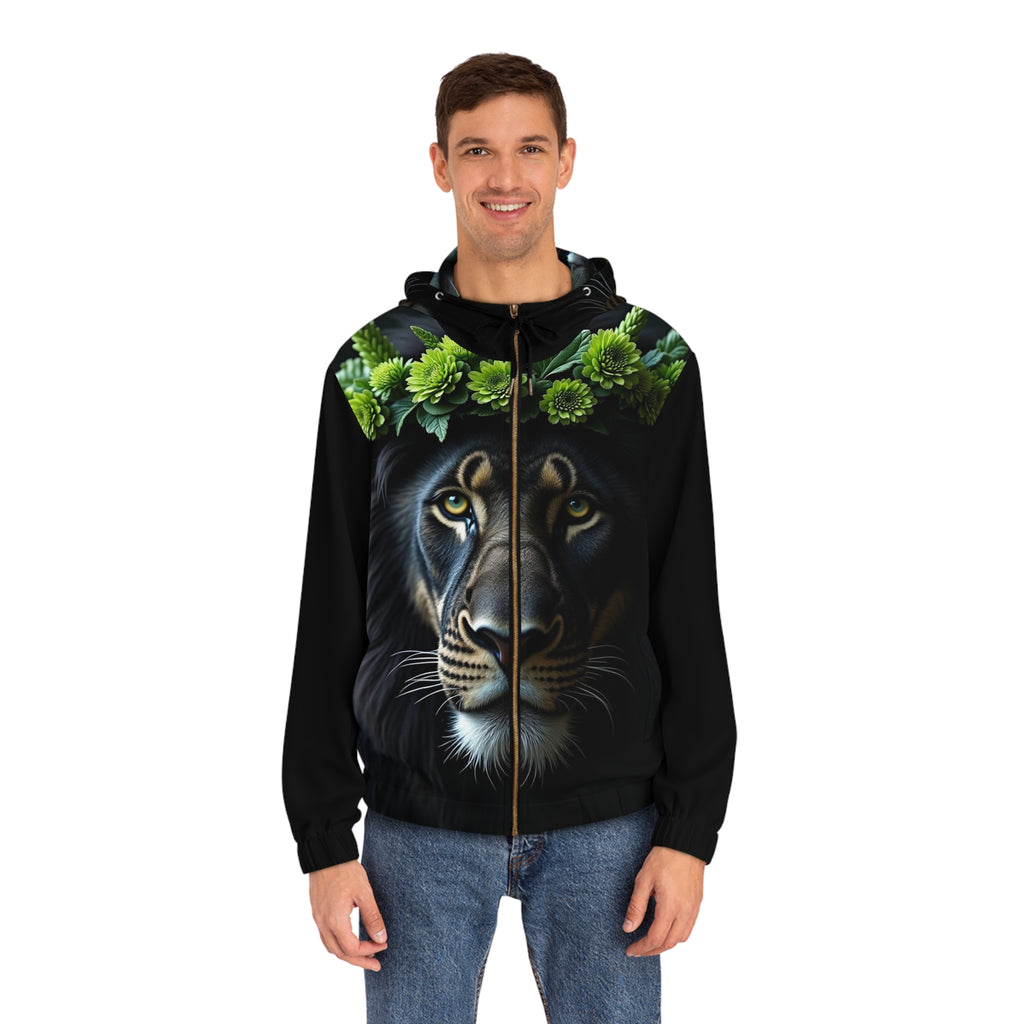 Lion Face Zip Hoodie — Green Floral Crown & “Stand Up For Love” Back Print