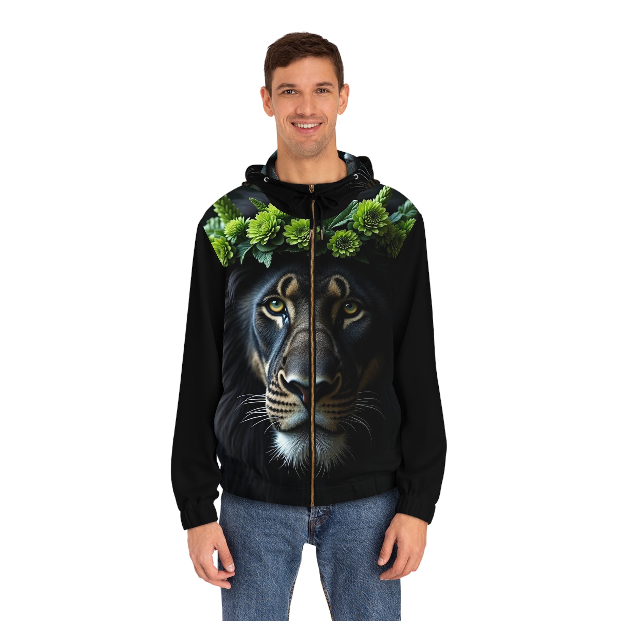 Lion Face Zip Hoodie — Green Floral Crown & “Stand Up For Love” Back Print