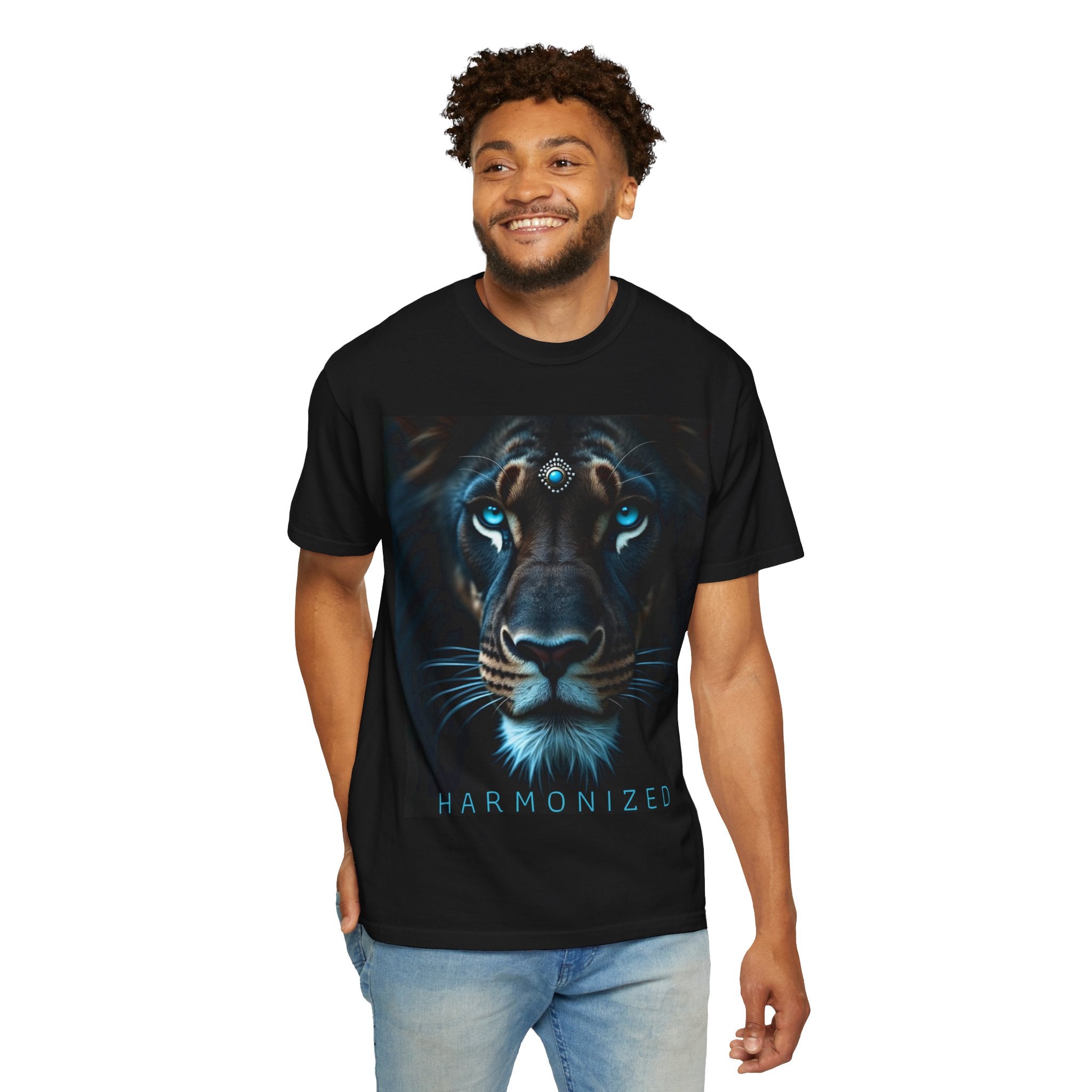 Mystic Lion Portrait T-Shirt — Blue Gem Forehead Graphic Tee
