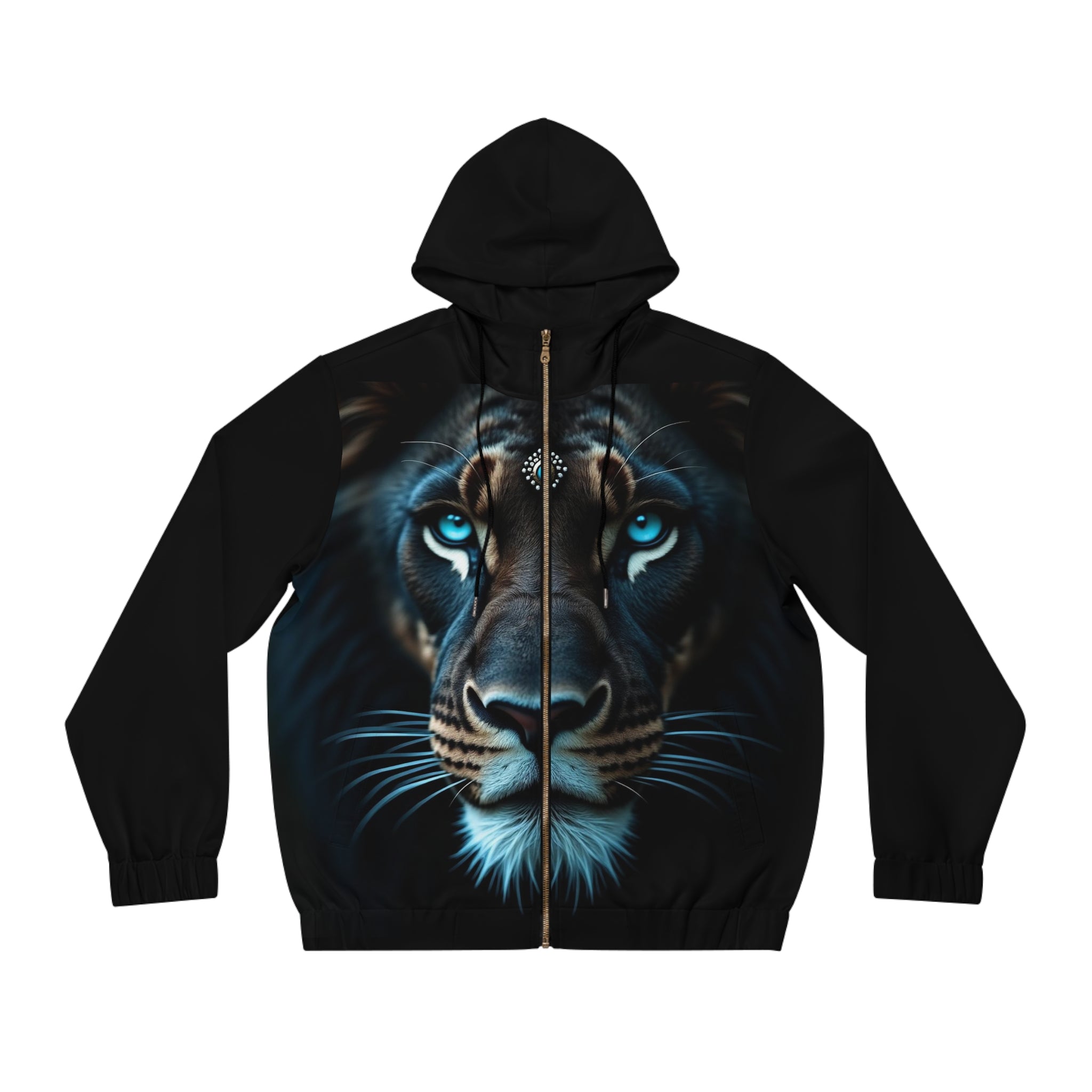 Men's Full-Zip Hoodie — Blue-Eyed Tiger Face Graphic Zip-Up