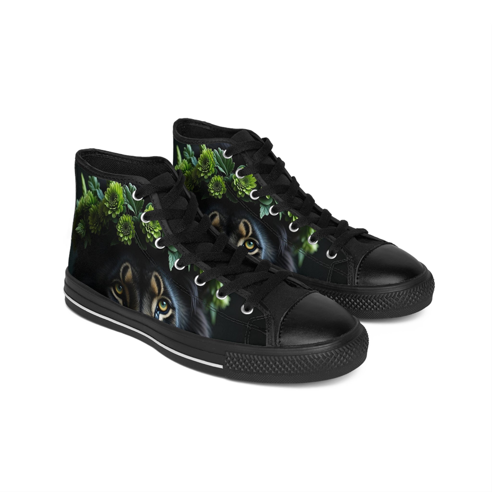 Sneakers - Kingly Black Lion with Green Flower Crown Design