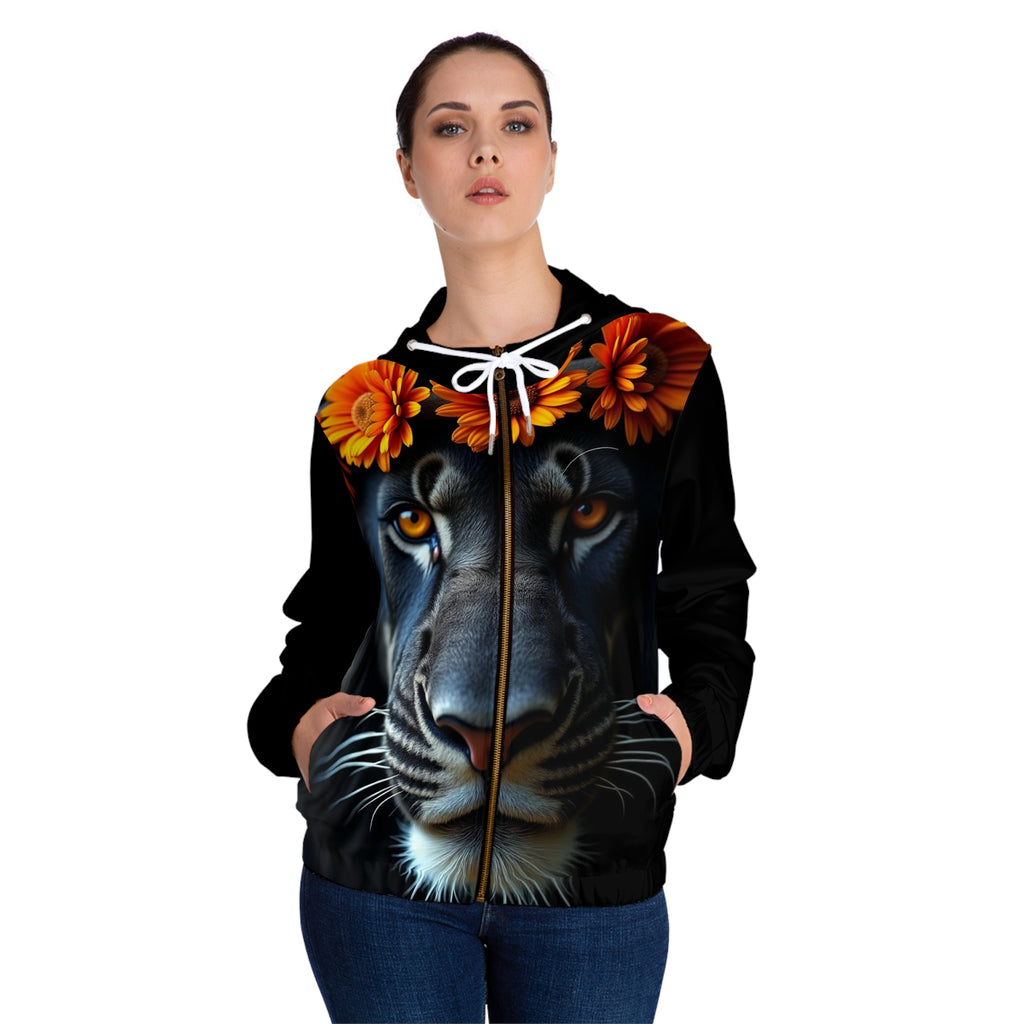 Floral Lion Women’s Full-Zip Hoodie — Bold Orange Leopard-Style Face with Flower Crown