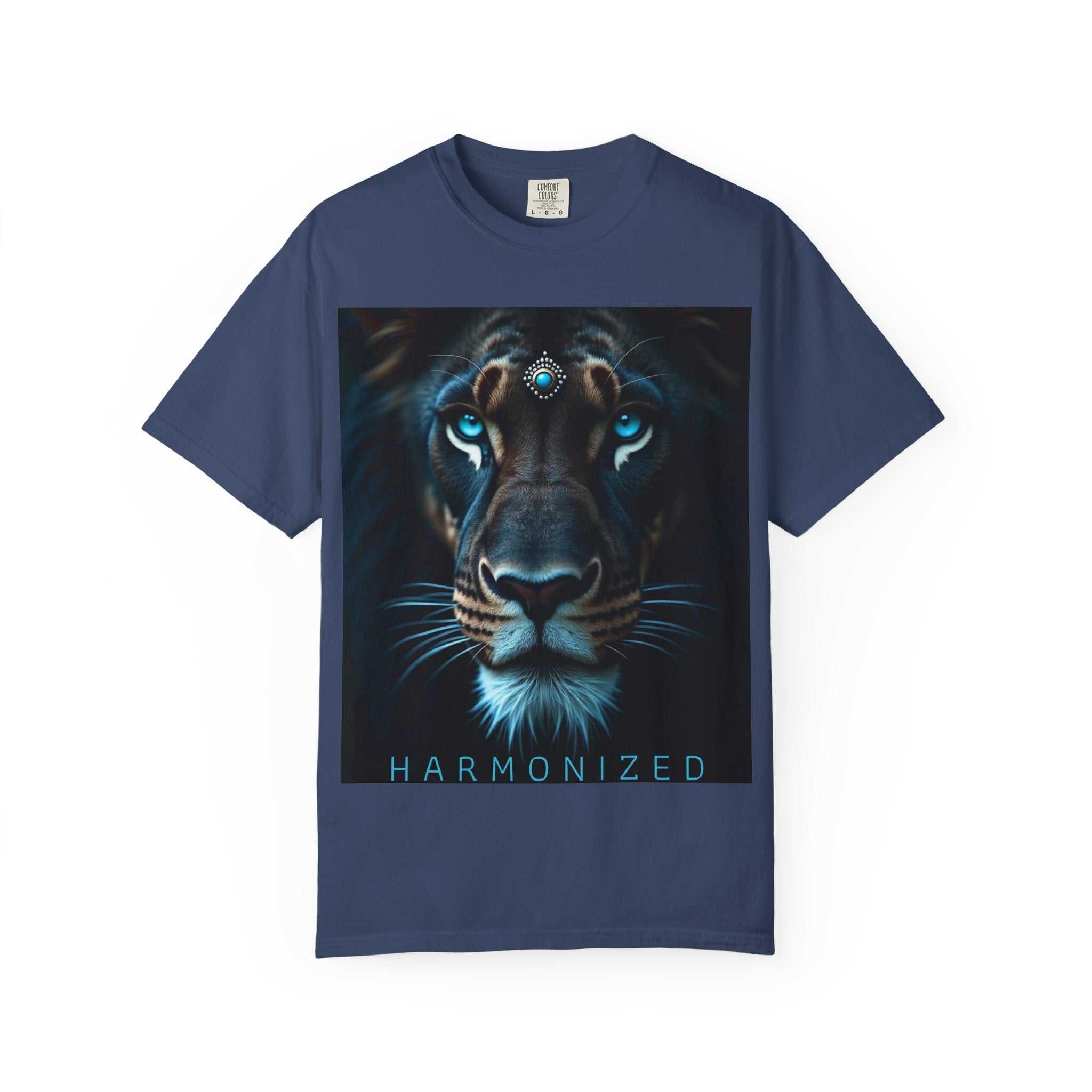 Mystic Lion Portrait T-Shirt — Blue Gem Forehead Graphic Tee