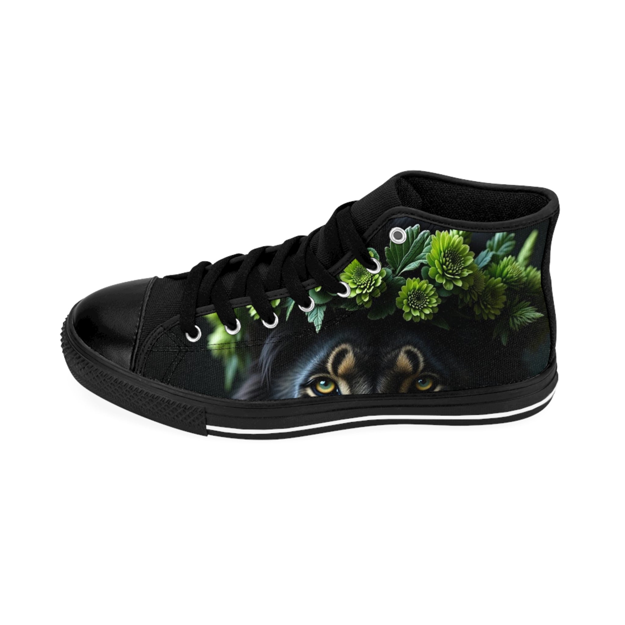 Sneakers - Kingly Black Lion with Green Flower Crown Design
