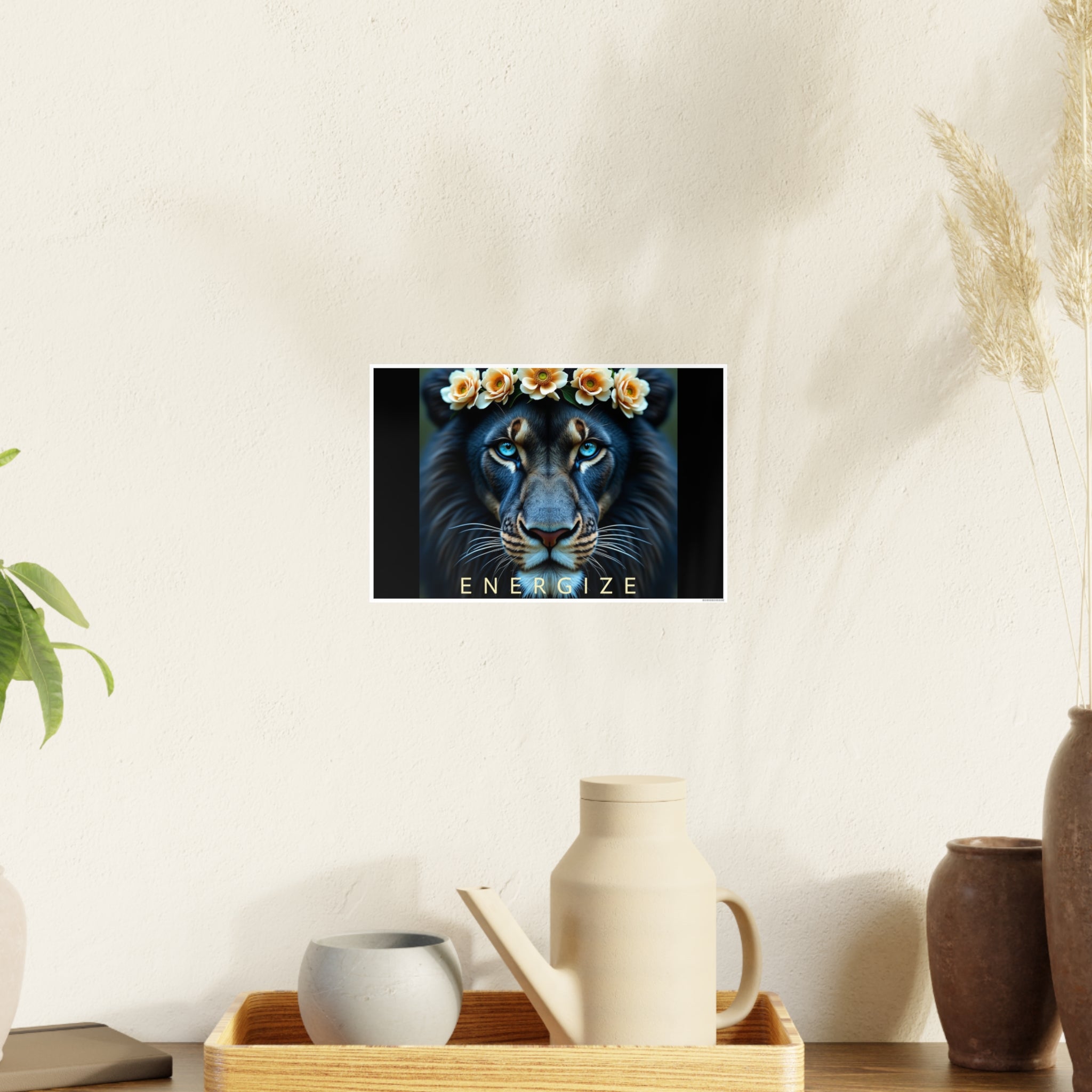 Poster Print - Beautiful Black Lion Rose Wreath Energize Majestic Positive Words