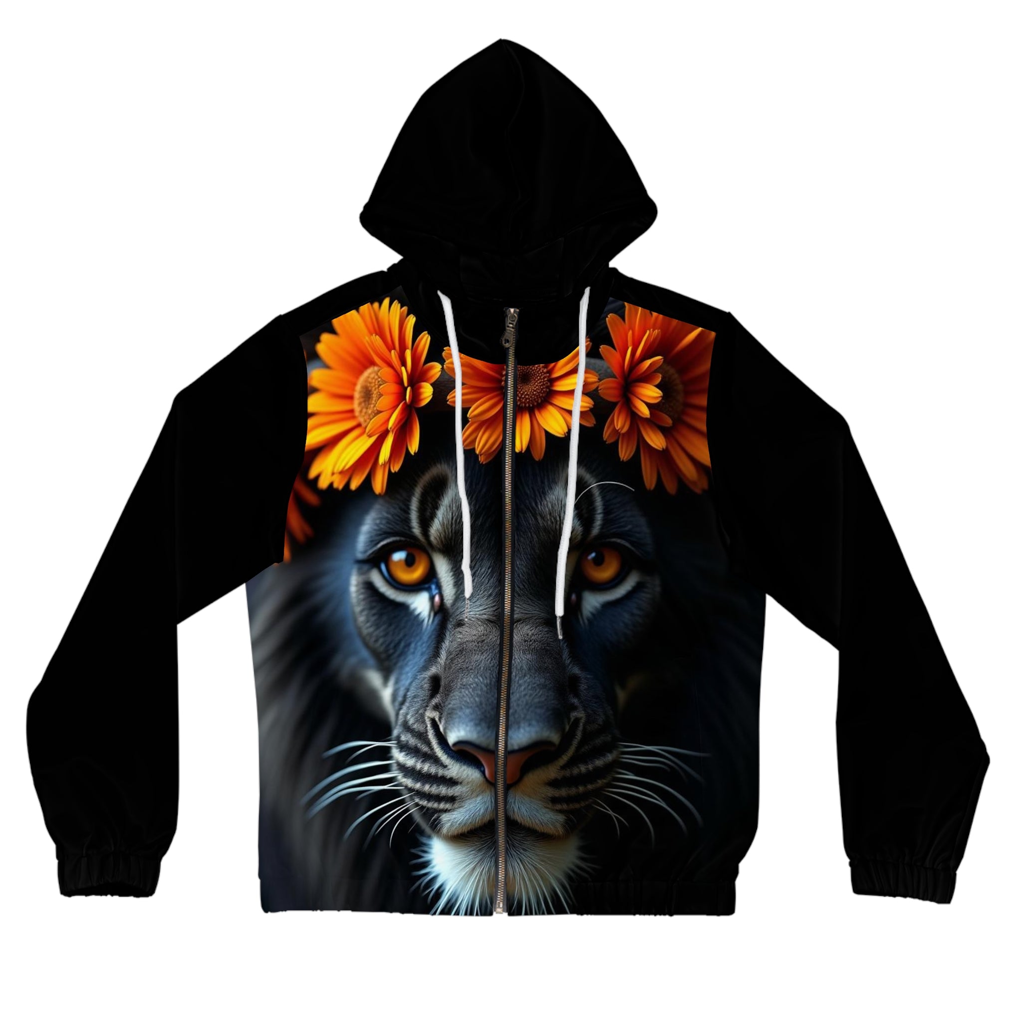 Floral Lion Women’s Full-Zip Hoodie — Bold Orange Leopard-Style Face with Flower Crown
