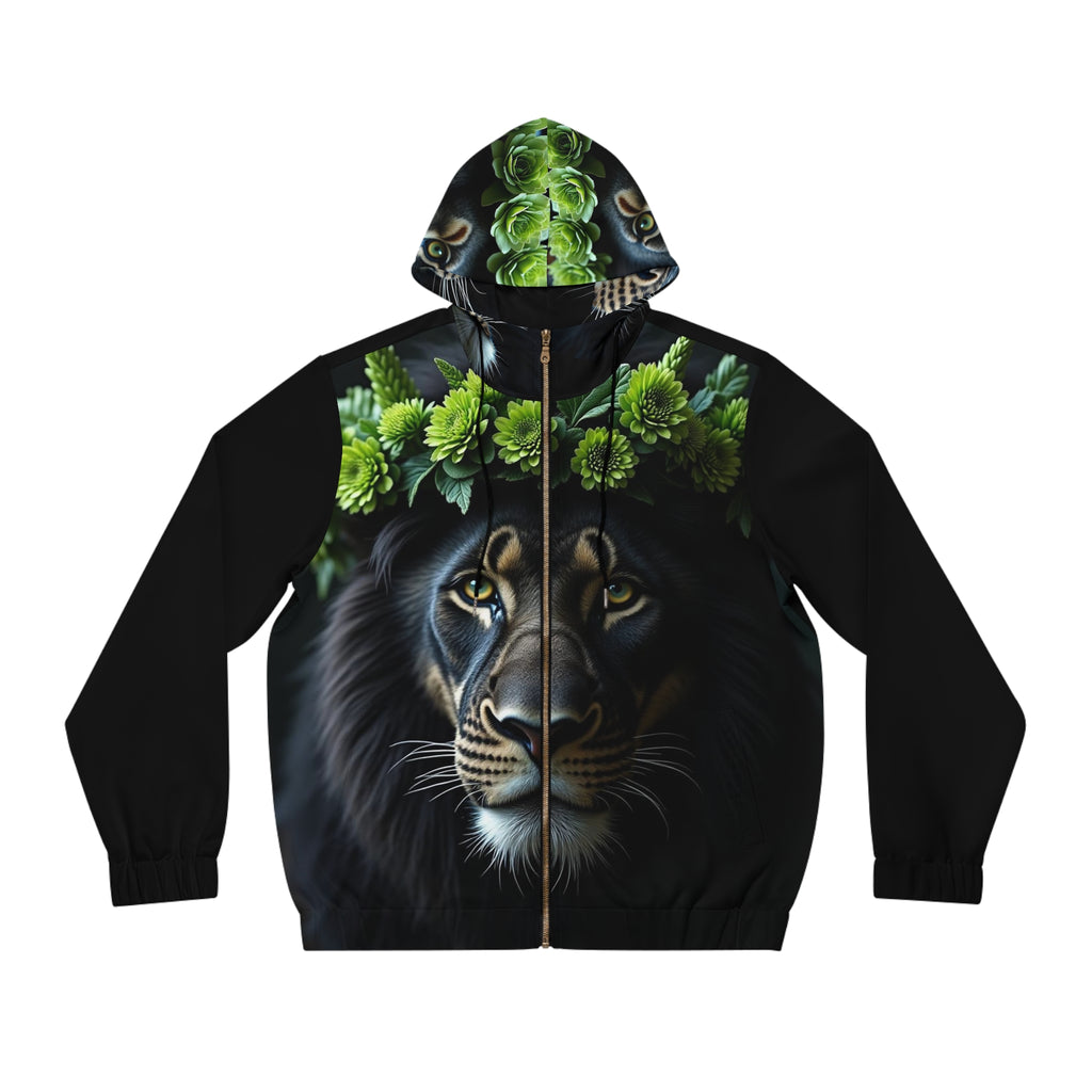 Lion Face Zip Hoodie — Green Floral Crown & “Stand Up For Love” Back Print