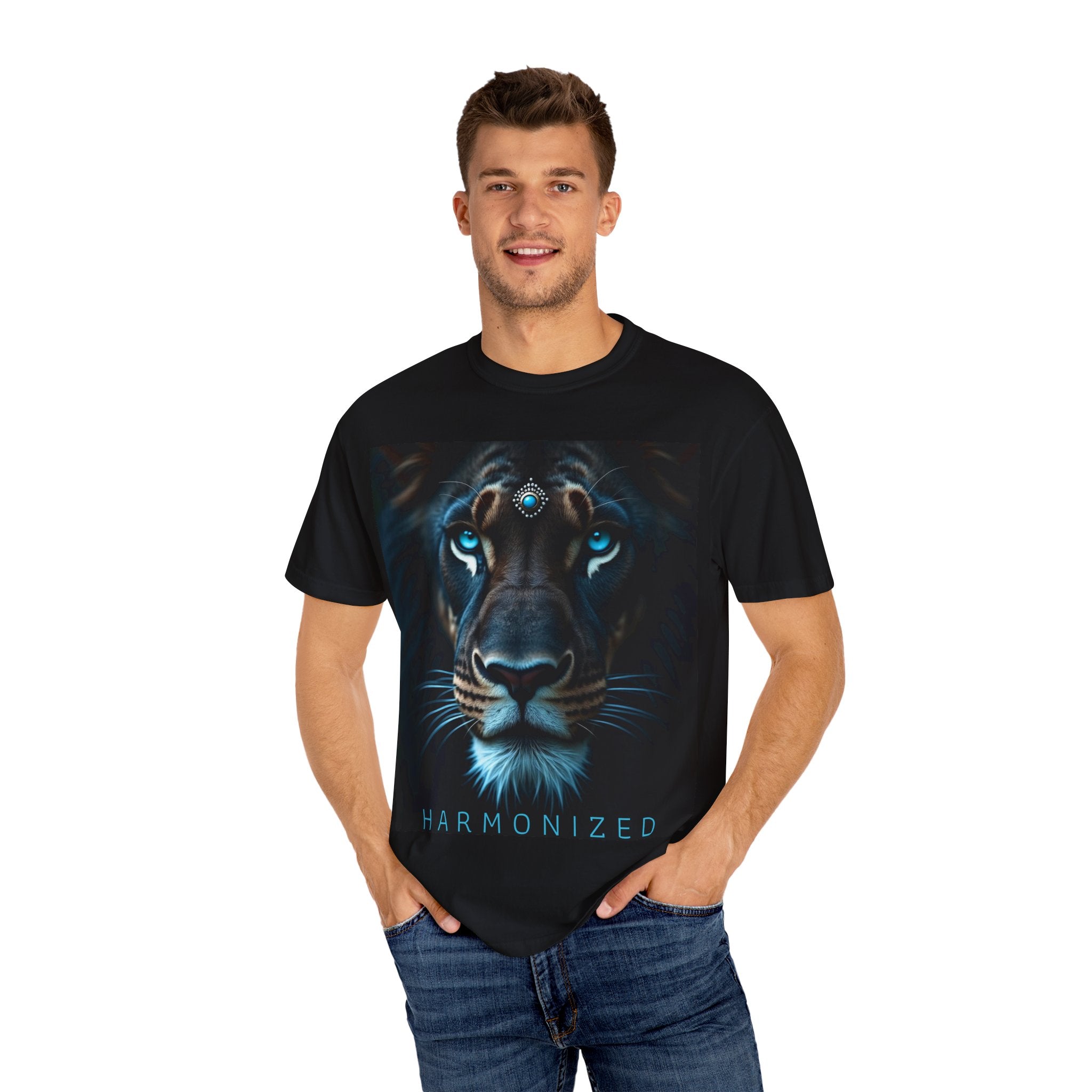 Mystic Lion Portrait T-Shirt — Blue Gem Forehead Graphic Tee