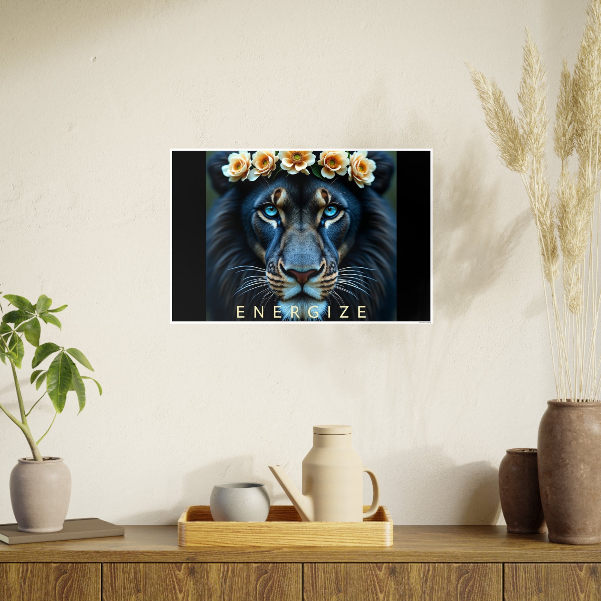 Poster Print - Beautiful Black Lion Rose Wreath Energize Majestic Positive Words