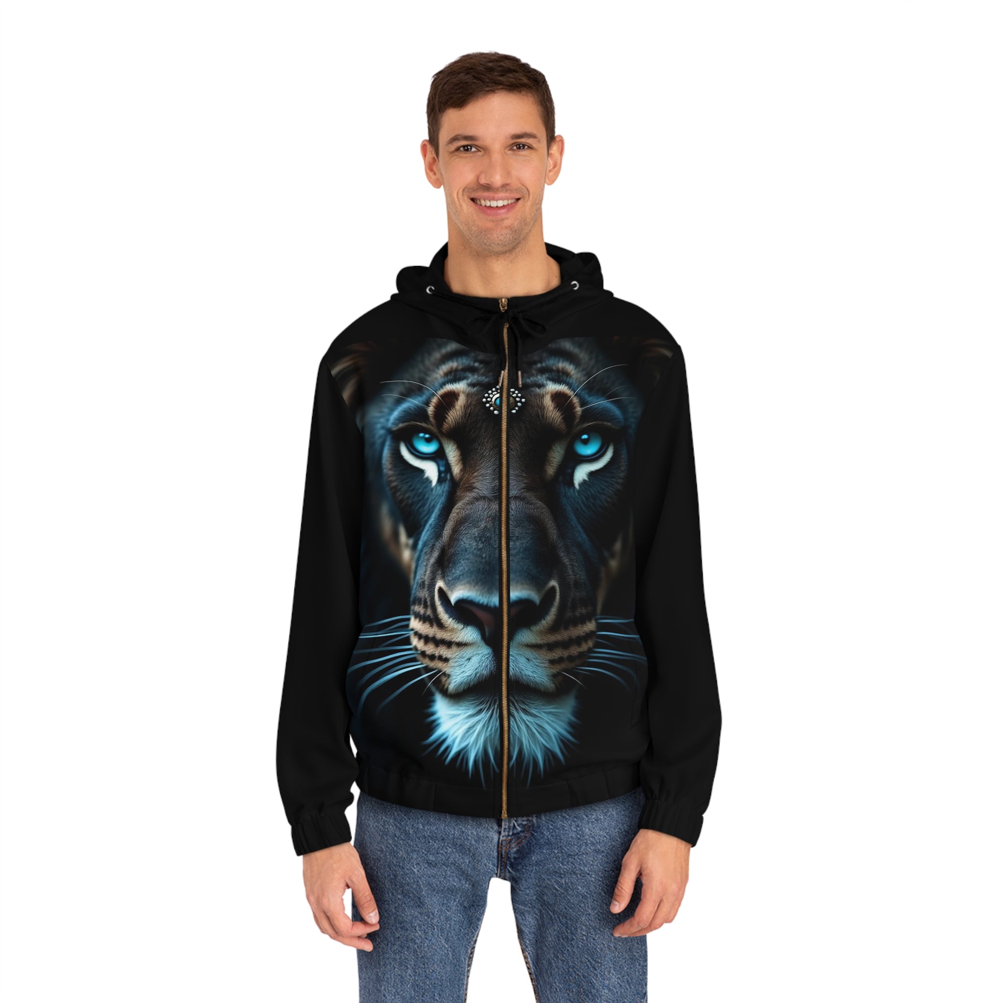 Men's Full-Zip Hoodie — Blue-Eyed Tiger Face Graphic Zip-Up