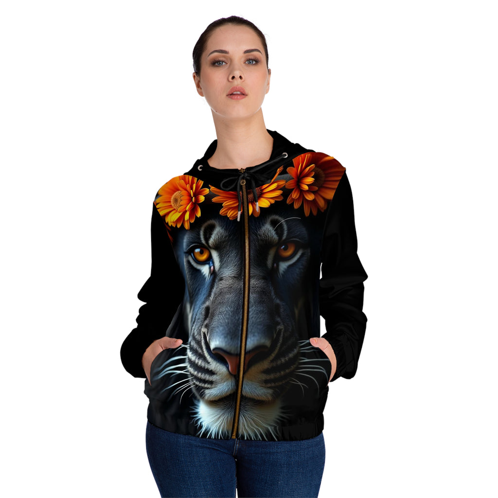 Floral Lion Women’s Full-Zip Hoodie — Bold Orange Leopard-Style Face with Flower Crown