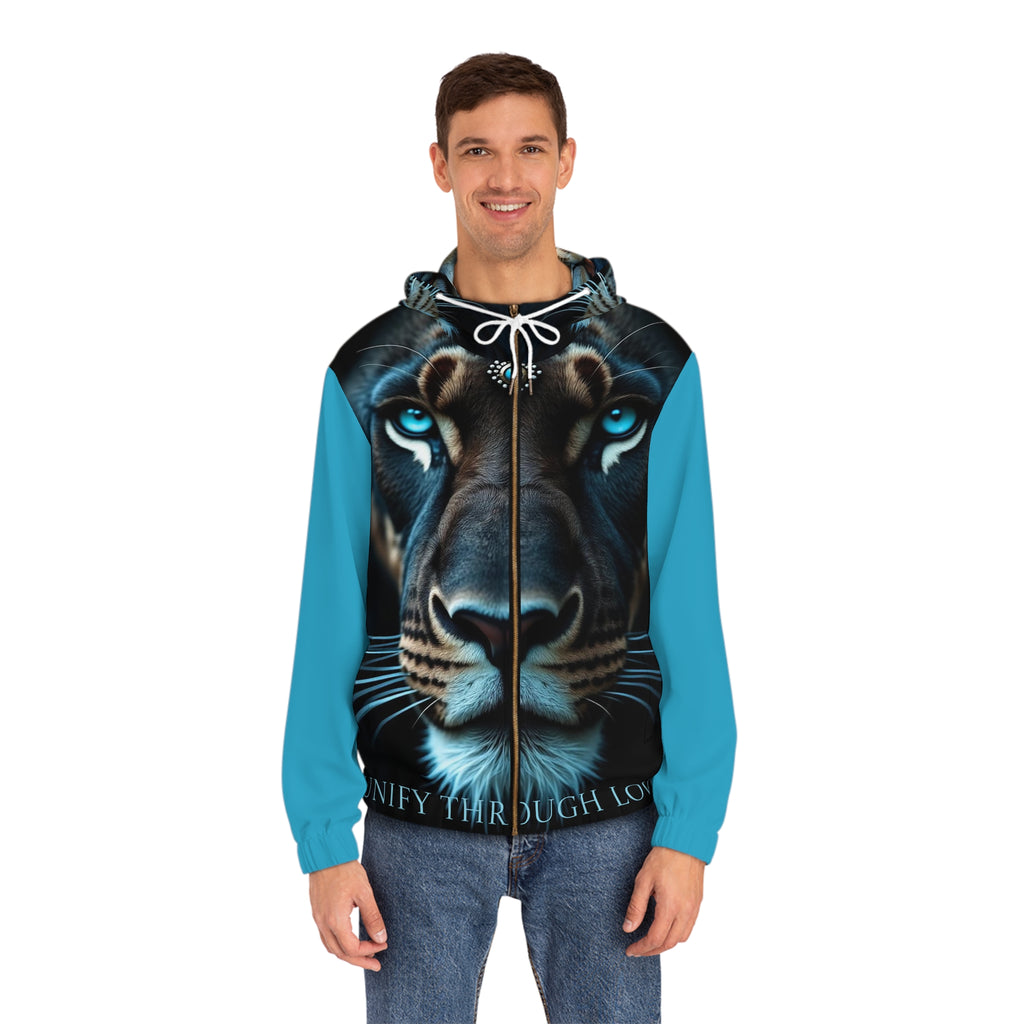 Blue Panther Face Hoodie — Men's Full-Zip Graphic Jacket