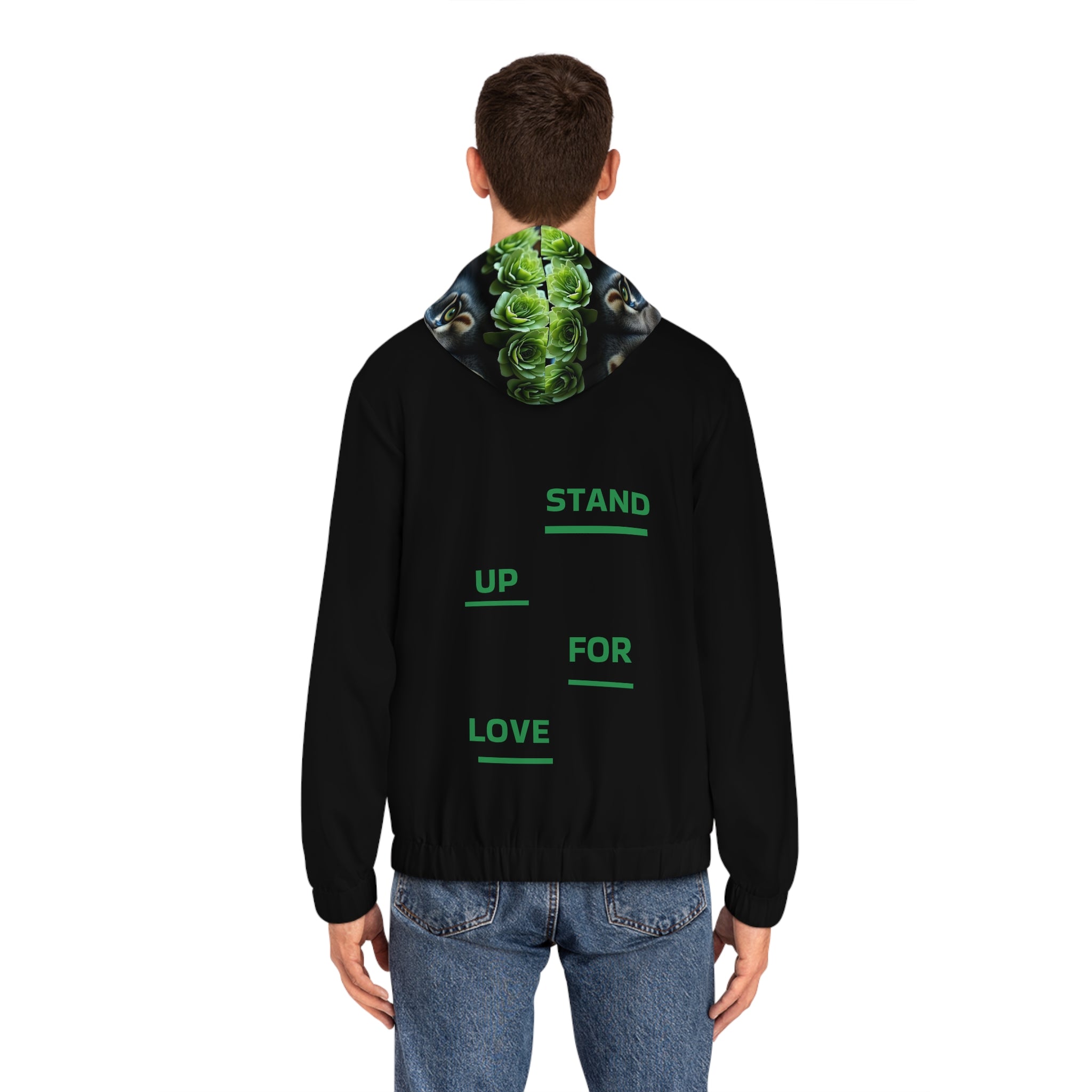 Lion Face Zip Hoodie — Green Floral Crown & “Stand Up For Love” Back Print